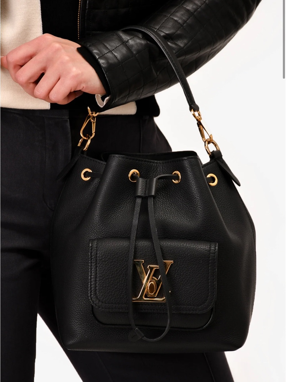 Louis Vuitton LOCKME Black Leather Bucket Bag with Gold Hardware